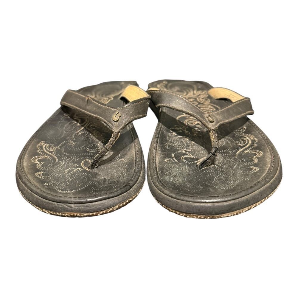 OluKai Panolo W Leather Flip Flop Sandals Women’s Size 9 Black Comfort Thong - Picture 4 of 10